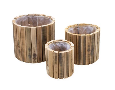 Holz Pflanz Topf 3er Set - 23 / 20 / 14 cm - Garten Deko Blumen Kasten Übertopf - Bild 1 von 4