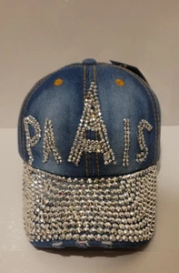 Paris Effiel Tower Baseball Bling Studded Destressed Denim Cap-Adjustable Women - Picture 1 of 7