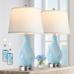 Modern Accent Table Lamp Set of 2 Touch Control, 22" Faded Swirl Blue Gray Art G - Picture 1 of 12