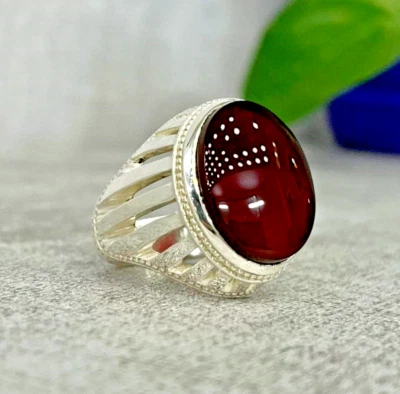 Anillo de ágata roja sangre, anillo Aqeeq natural de 20 quilates, anillo de plata de ley 925 maciza Foto 1 de 4