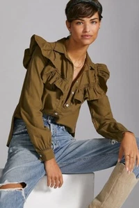 NUEVA Blusa Top Anthropologie Pilcro Volantes Abotonados Verde Pequeña - Imagen 1 de 4