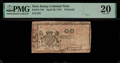 NJ-146 Colonial Currency - New Jersey April 23, 1761 6 Pounds PMG 20 - Image 1 of 2