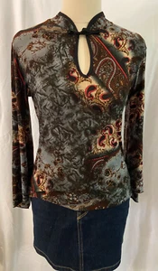 Knockout Australia Black Trim Dark Paisley pattern, Asian Collared Top - Picture 1 of 5