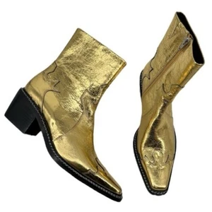 Caverly Kylie Western Gold Metallic Leather Block Heel Cowboy Ankle Booties 40 - Picture 1 of 11
