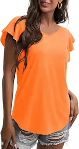 Women'S Ruffle Sleeve Tunic Tops - V Neck Short Sleeve Casual Basic Tunic Shirts - Picture 1 of 12