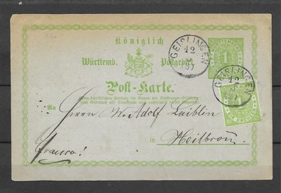 Antique 1874 WURTTEMBERG Postal Stationery Card H&G#12 Geislingen To Heilbronn - Image 1 of 2
