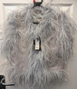 BNWT Biba Silver Marabou Feather Grey Suede Festival Fitted Waistcoat Gilet Sz S - Picture 1 of 7