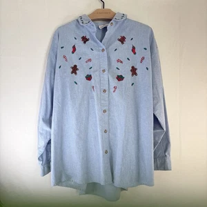 Vintage Nussknacker Denim bestickt Weihnachten Knopf Hemd Damen Gr. 22 W 3XL - Bild 1 von 9