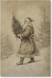 Arte de pared vintage de Papá Noel impresión de árbol de Papá Noel sosteniendo póster retro bosque de invierno - Imagen 1 de 12