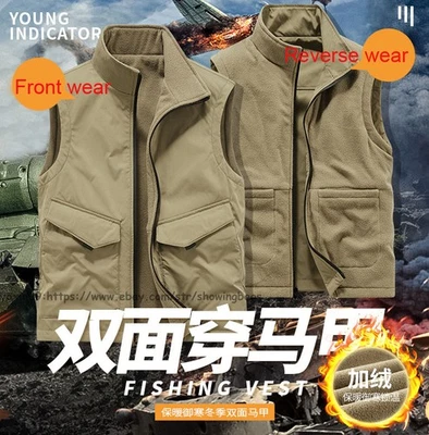 Men's Fleece Fishing Vest Waistcoat Warm Multi-Pocket Travel Cargo Casual Tops - Image 1 of 4
