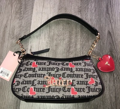 Juicy Couture Black Beige Red I Heart Juicy Shoulder Bag Logo & Heart Print NWT - Image 1 of 4