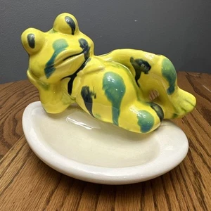 Vintage Unique Groovy Ceramic Frog Soap Toothbrush Holder Green Yellow - Picture 1 of 8