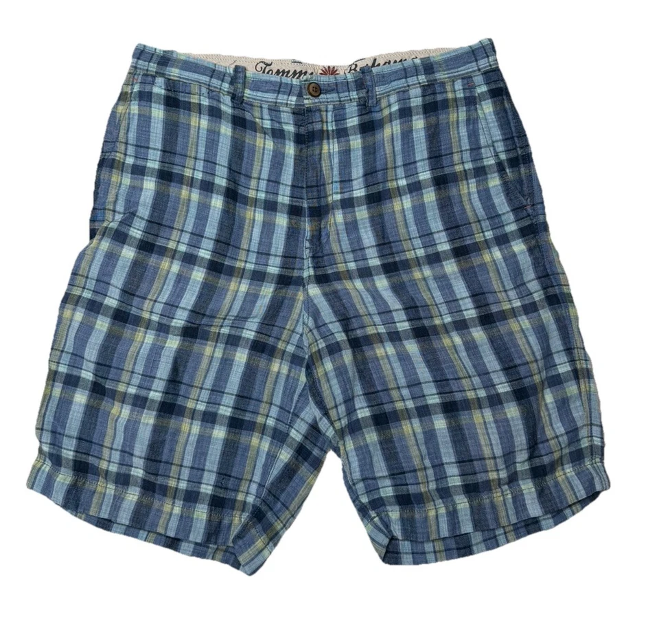 Tommy Bahama Shorts Mens 33 x 9 Blue Plaid Linen Blend Casual Summer Lightweight - Image 1 of 4