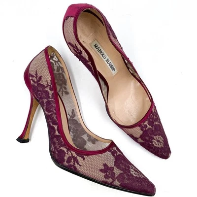 Manolo Blahnik Lace Pumps Burgundy Red Floral Pointed Toe Sheer Sz 37 / 7 - Image 1 of 4