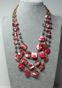 Necklace Red Orange Abalone with Chain Link and Wood Bead Spacers 3 Strand 16" - Picture 1 of 9