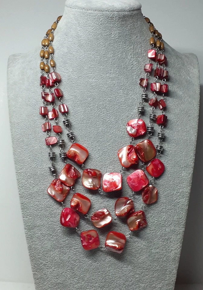Collar Abulón Rojo Naranja con Eslabón de Cadena y Espaciadores de Cuentas de Madera 3 Hilos 16" Foto 1 de 4