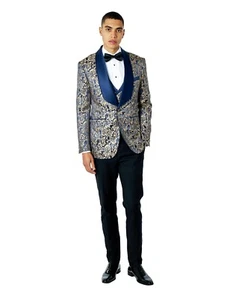 Mens 3 Piece Wedding Suit Gold Damask Jacquard Tuxedo Jacket Waistcoat Trouser - Picture 1 of 48