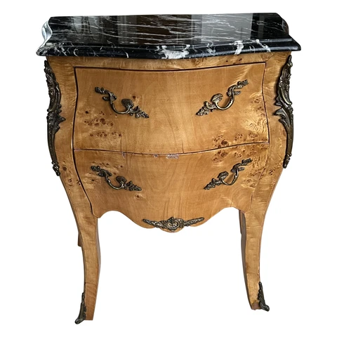 Louis XV French Marble Top Burled Wood Bombe Nightstand Chest Commode Side Table Cover