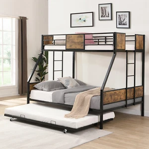 Twin Over Full Bunk Bed Heavy Duty Metal Bunk Bed Frame w/ Trundle & 2 Ladders - Picture 1 of 11