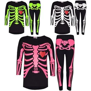 Kids Girls Tops Skeleton Print T Shirt Top & Legging Set Halloween Costume 5-13 - Picture 1 of 21