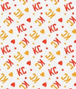 Kansas City Chiefs, NFL, KC Heart Toss Fabric! Cotton•1yd•BTY•Wh/Mlti•FAST SHIP - Picture 1 of 3