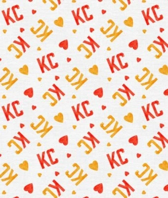Kansas City Chiefs, NFL, KC Heart Toss Fabric! Cotton•1yd•BTY•Wh/Mlti•FAST SHIP - Image 1 of 3