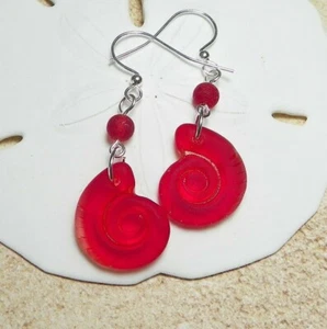 RED cultured sea glass jewelry ammonite shell shaped earrings 1-1/4" silver - Picture 1 of 2