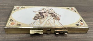 Vintage Gold Tone Hinged Floral Woman Design Metal Travel Size Pill Box Holder - Picture 1 of 9