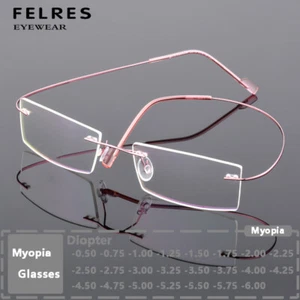 Metal Square Anti Blue Light Nearsighted Glasses Unisex Rimless Myopia Glasses - Picture 1 of 33