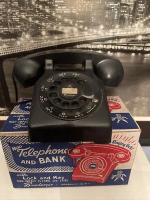 Banco telefónico Brumberger original de los años 50 juguete negro teléfono giratorio ¡Raro con caja! Foto 1 de 4