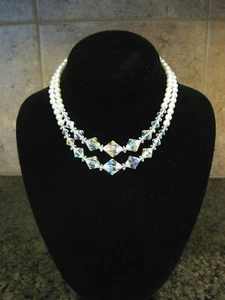 Vtg Two Strand Choker Necklace / NICE Combination Faceted AB Glass & Faux Pearls - Picture 1 of 7