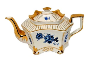 Arthur Wood Hexagonal Teapot Blue Floral Trim GOLD Stunning! Vintage - Picture 1 of 8