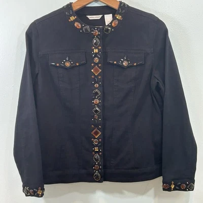 Laura Ashley Women's Black Denim Bejeweled Snap Jacket Small Bohemian Western — 第 1/4 张图片