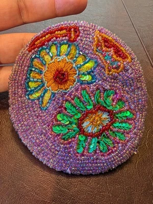 Hand Beaded Hair Clip Barrette – Floral Beads & Sequins, Leather Back - Image 1 of 4