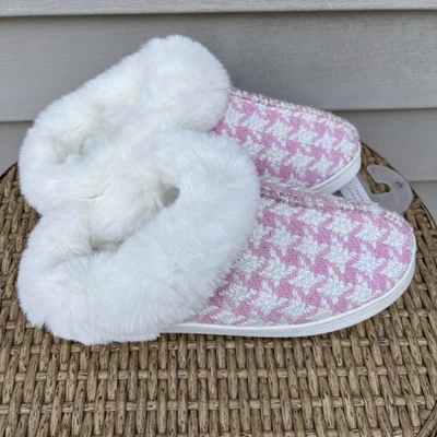 Zapatillas de pata de gallo para mujer Laura Conrad rosa y blanco con puño de piel sintética. Talla grande Foto 1 de 4