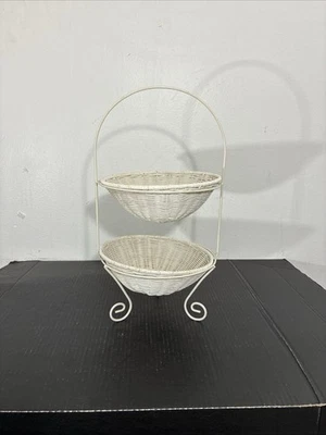 Cesta de frutas de ratán/mimbre blanco de dos niveles soporte de metal 20,5"x10" Foto 1 de 4