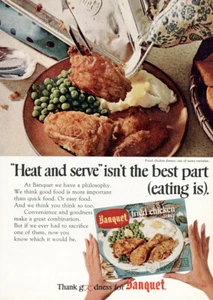 Cena de pollo frito banquete 1969: calentar y servir anuncio impreso vintage - Imagen 1 de 1
