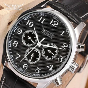 Jaragar Automatic 6 Hand Stainless Steel Case Leather Strap Sports Watch - Picture 1 of 7
