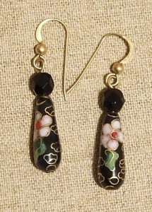 CLOISONNE Black Earrings _Bead_ Pink Flower_ Gold Surgical Hooks - Picture 1 of 2