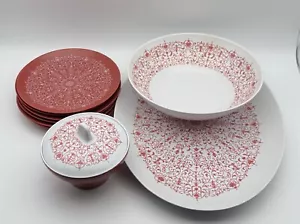 Raro vassoio ovale con coperchio 6 piatti Noritake melamina Ware motivo rosso bianco - Foto 1 di 10