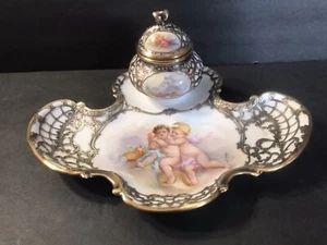 Antique Sevres porcelain inkwell/Silver Overlay/Signed/3 miniature/France/Desk - Picture 1 of 12