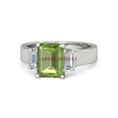 Natural Peridot Gemstone with 925 Sterling Silver Ring for Women's #4438 - Image 1 of 4
