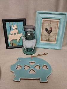 4 Farm Themed Decor Items - 1 Mason Jar, 2 Framed Pictures, Pig Trivet - Aqua - Picture 1 of 5