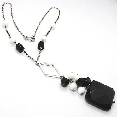 COLLANA ARGENTO 925, ONICE NERA, PENDENTE GRAPPOLO, 45 CM, CATENA ROLO - Immagine 1 di 4