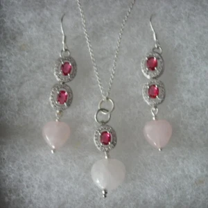 EARRINGS & PENDANT SET WITH RASPBERRY RHODOLITE GARNET & ROSE QUARTZ & CZ. - Imagen 1 de 6