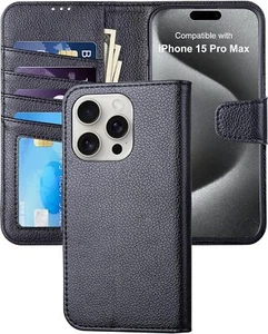 For iPhone 15 Pro Max 6.7 Wallet Case PU Leather Flip Folio Case RFID Blocking - Picture 1 of 7