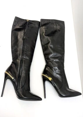 GIANMARCO LORENZI Cuero Stiletto Tacones Altos Punta Punta Punta Metal Cremallera Bota Italia Foto 1 de 4