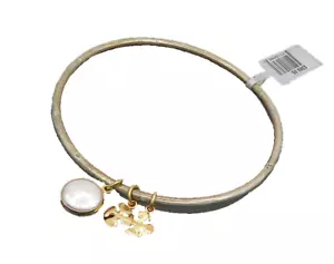 925 Silver & 14K GOLD Vintage Shiny Pearls & Charms Bangle Bracelet BT8084 - Picture 1 of 6