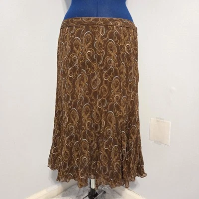 Anne Klein Brown Abstract Silk Midi Skirt Size 12 - Image 1 of 4