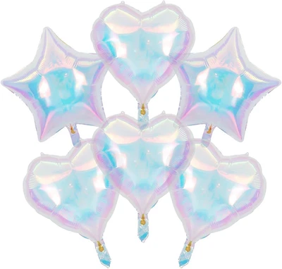 6 Piezas Globos Estrella Corazón Iridiscente Transparencia Láser Estrella Mylar Globo para W Foto 1 de 4
